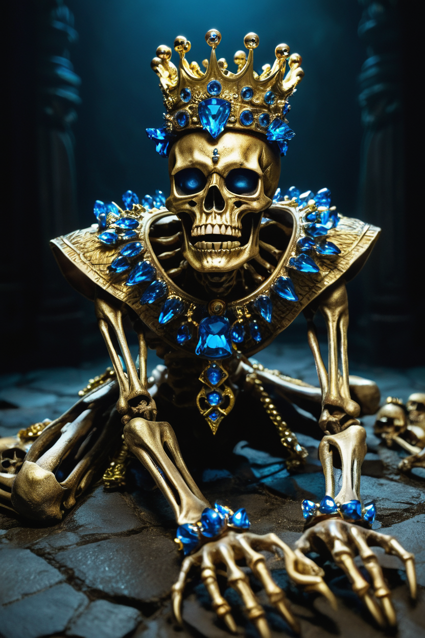 02407-1459889802-a skeletal figure crawls toward the viewer on a dark ground. ornate golden crown adorned with blue jewels, cracked jaw and empty.png